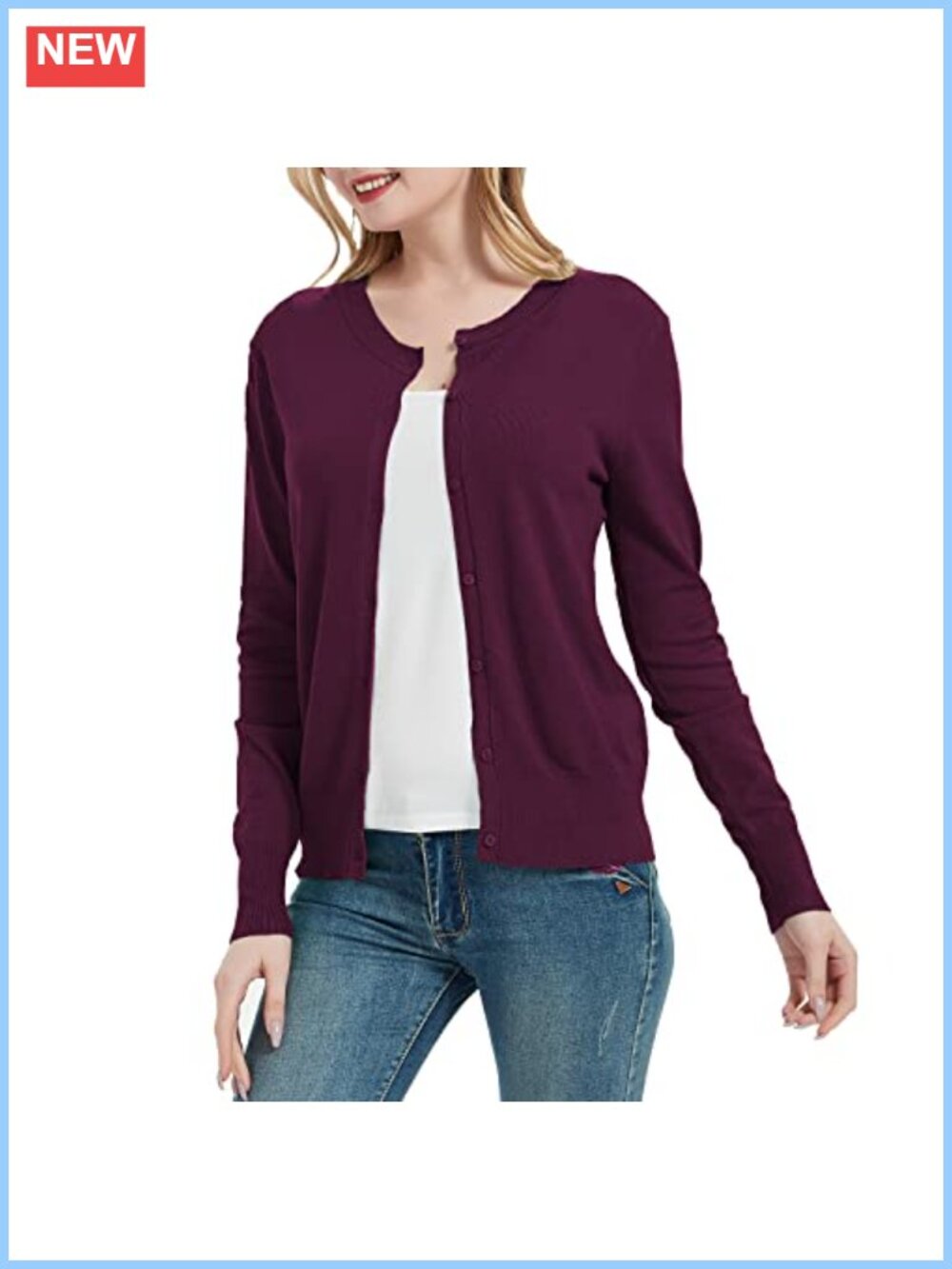 Women's Button Down Crew Neck Long Sleeve Cardigan Sweater